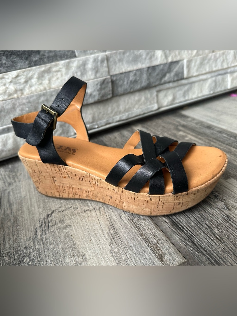 Kork-Ease Black Leather Wedge Sandals Adjustable Ankle Strap Size 7